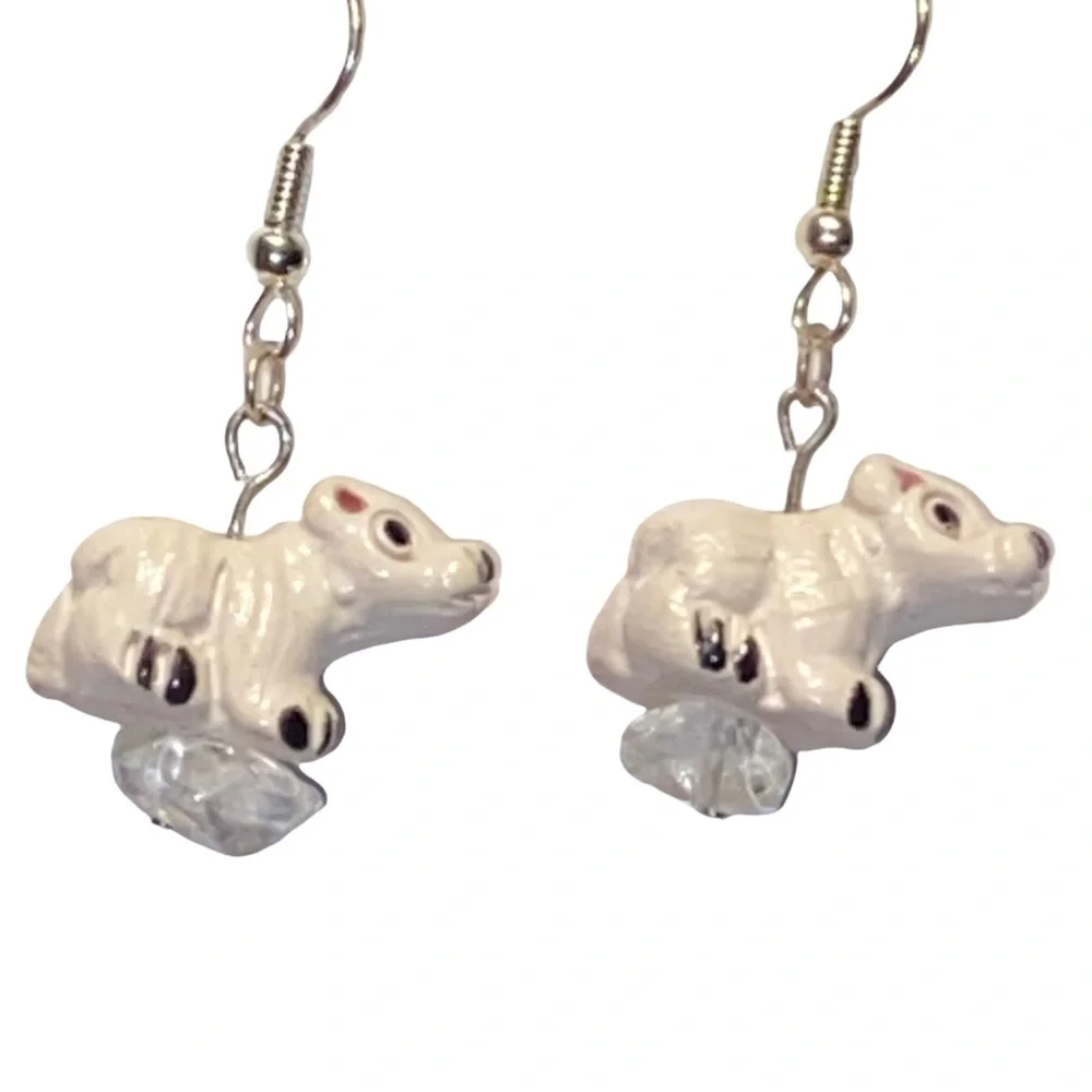 HAND CRAFTED Earrings Polar Bear Quartz Crystal Dangle Drop Long Ceramic Pierced - Picture 7 of 9